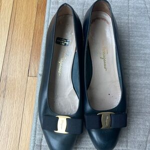 Vintage Salvatore Ferragamo Navy Leather Flats with Gold Buckle